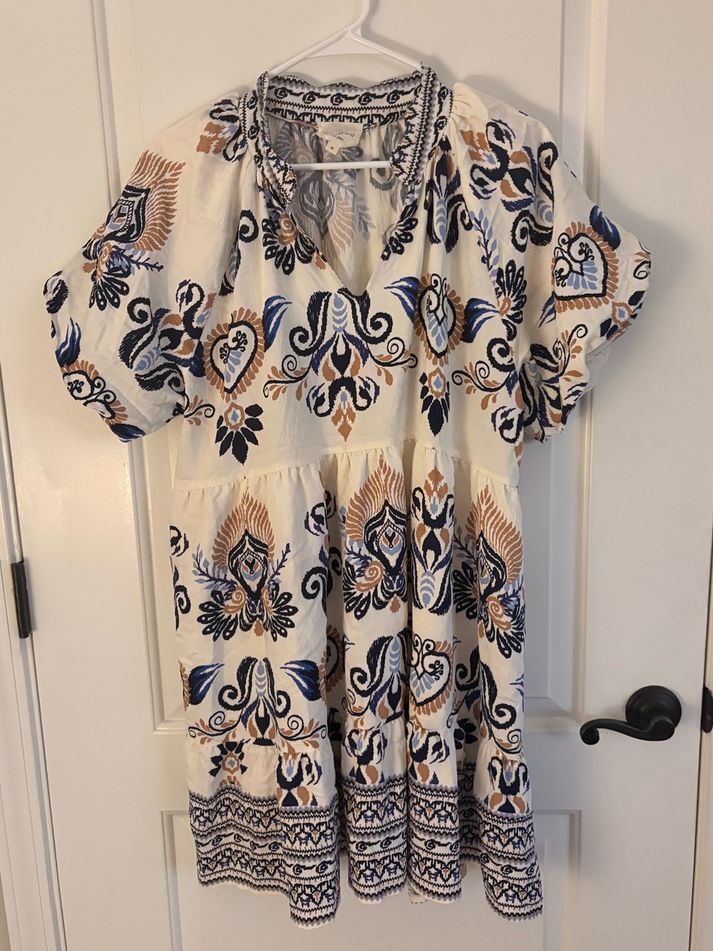 Umgee Cream Mini Dress with Navy & Tan Print
